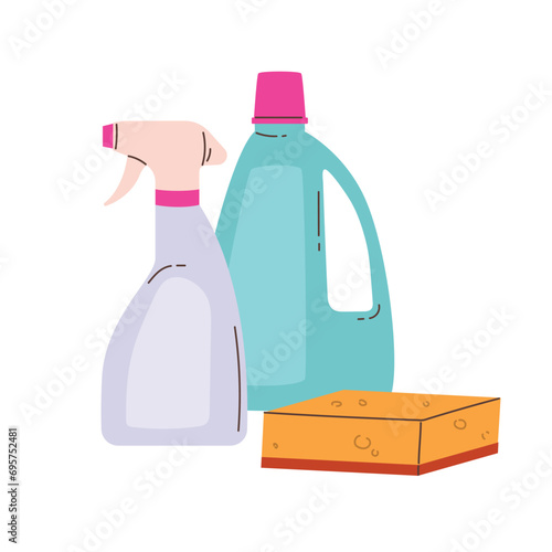 Cleaning tools - bottles with household chemicals and sponge. Modern flat vector illustration isolated on white background