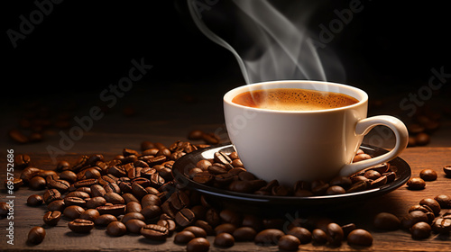Cup of hot coffee with beans