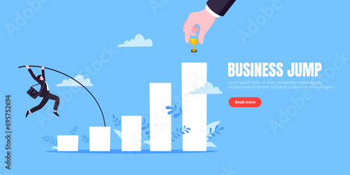 Businessman jumps pole vault over graph bars flat style design vector illustration