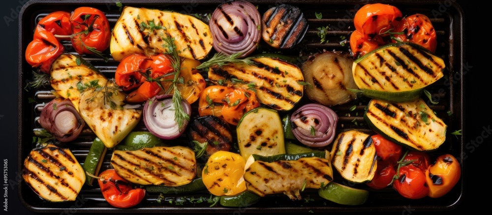 Grilled veggies on pan at home kitchen.