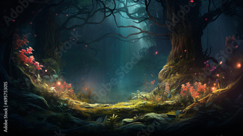 Enchanted forest with lush vegetation