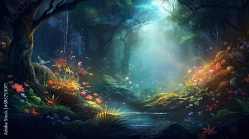 Enchanted forest with lush vegetation