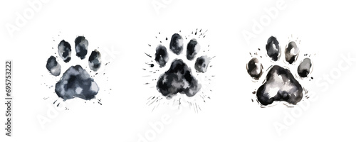 Cat paw print black watercolor sketch white background. Vector illustration design.