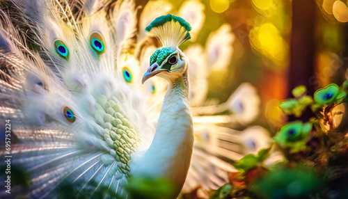 Portrait of a beautiful white peacock showing its multicolored tail. Generative Ai.