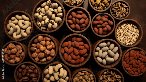 Assortment of nuts in wooden bowls. Nuts background. Top view.