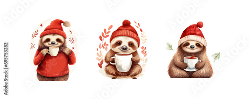 Cute smiling sloth in a red knitted hat and with a cup. Vector illustration design.