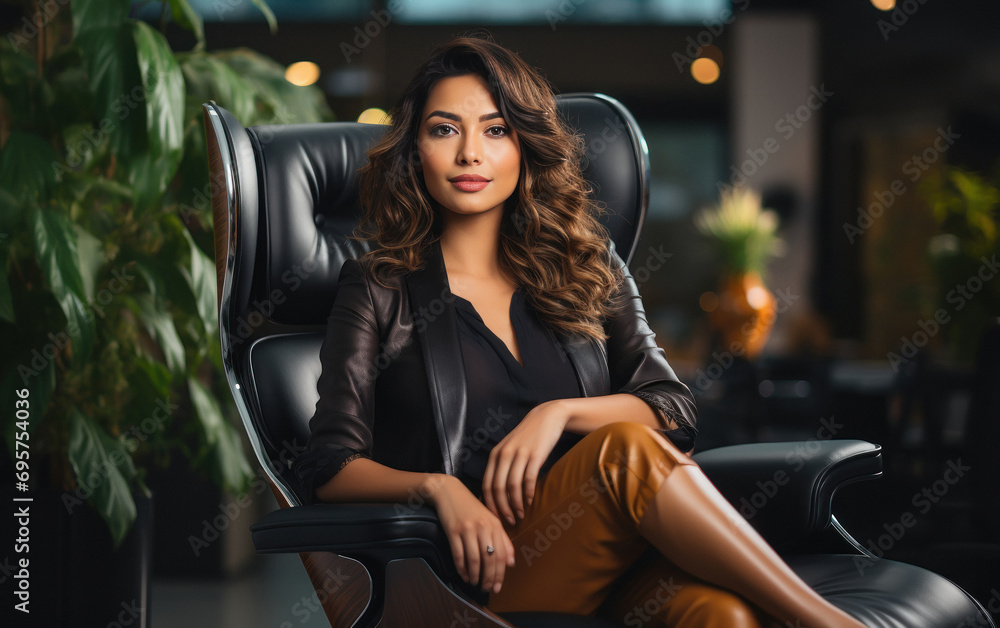 young indian businesswoman sitting on armchair