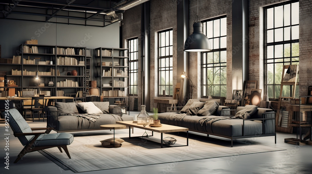 3d render of modern living room with sofa and furniture, Empty wall with industrial concept 3d render of modern living room with sofa and furniture, Empty wall with industrial concept