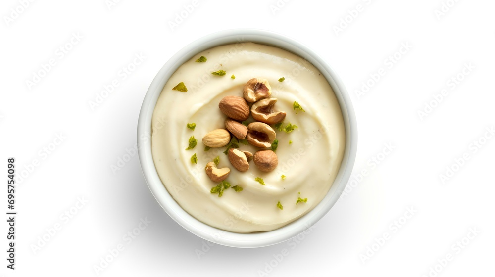 Creamy creamy sauce with nuts isolated on white background, top view Creamy creamy sauce with nuts isolated on white background, top view