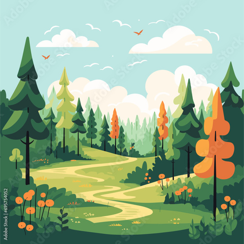 illustration vector of Landscape with tall trees and mountains and beautiful clouds