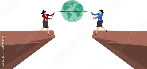 Environment,Two Businesswoman Tug-of-war, Globe Navigational Equipment, Planet Space, Pulling, Conflict,