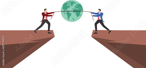 Environment,Two Businessman Tug-of-war, Globe Navigational Equipment, Planet Space, Pulling, Conflict,