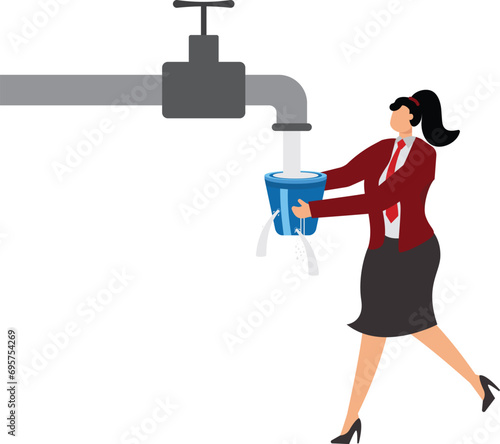 Full bucket, trying to fill a leaky bucket with water, Businesswoman