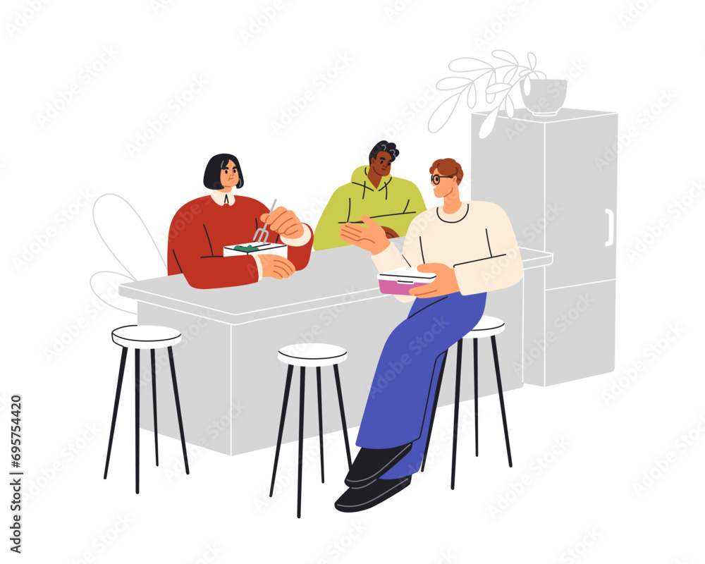 Office workers at lunch break. Colleagues sitting at dining table, having meal together, talking. Employees eat food at corporate kitchen. Flat graphic vector illustration isolated on white background