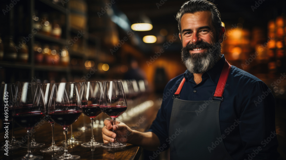 wine expert with glass of red wine during tasting in cellar or distillery in warehouse .