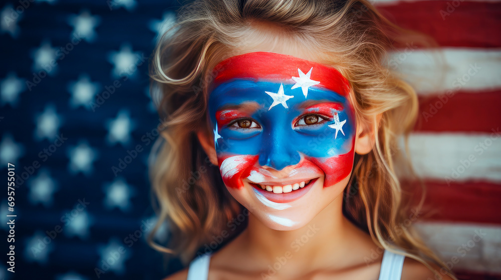 A cute child with the colors of the flag of the United States of America painted on his face.