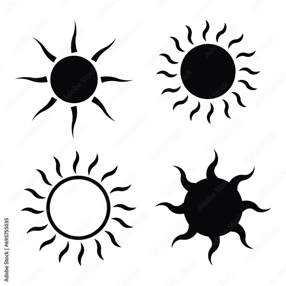 Sun, sun icons set of 4 in black and white color isolated on white background. Sun icon in flat design. Vector illustration for cartoon design. Vector. Sun, sun icons set of 4 in black and white color isolated on white background. Sun icon in flat design. Vector illustration for cartoon design. Vector.
