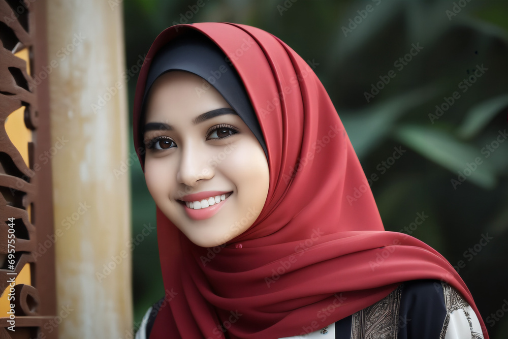 Minang Mädchen trägt einen Hijab und normale Klamotten auserhalb des Hauses . KI Generated - obrazy, fototapety, plakaty 