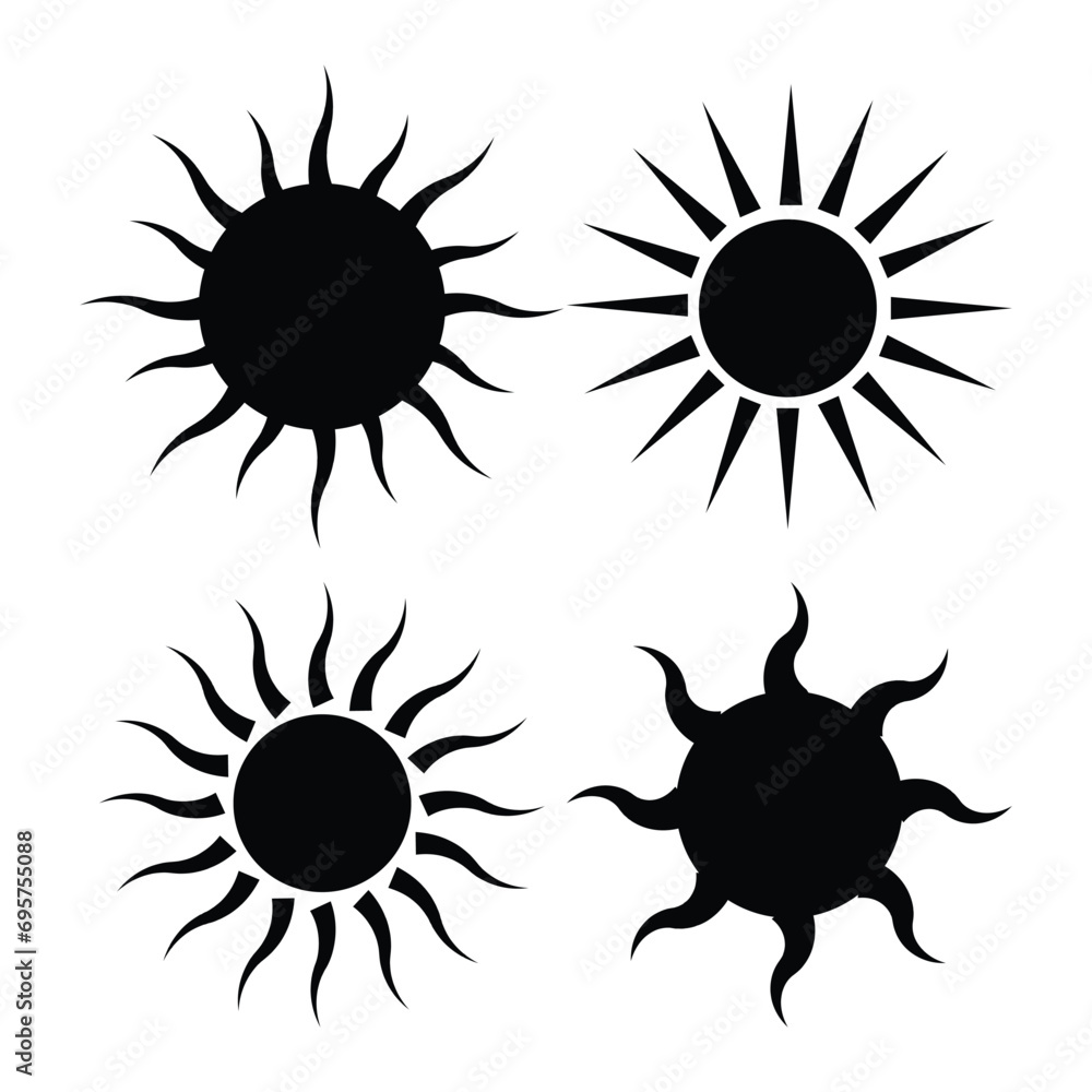 Sun, sun icons set of 4 in black and white color isolated on white background. Sun icon in flat design. Vector illustration for cartoon design. Vector. Sun, sun icons set of 4 in black and white color isolated on white background. Sun icon in flat design. Vector illustration for cartoon design. Vector.