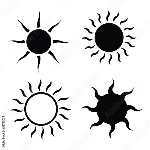 Sun, sun icons set of 4 in black and white color isolated on white background. Sun icon in flat design. Vector illustration for cartoon design. Vector.