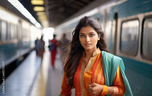 young indian woman standing at railway station