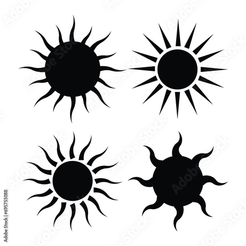 Sun, sun icons set of 4 in black and white color isolated on white background. Sun icon in flat design. Vector illustration for cartoon design. Vector.