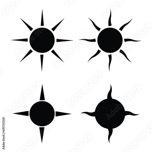 Sun, sun icons set of 4 in black and white color isolated on white background. Sun icon in flat design. Vector illustration for cartoon design. Vector.