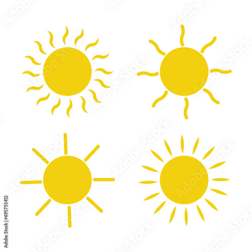 Sun, sun icons set of 4 in yellow color isolated on white background. Sun icon in flat design. Vector illustration for cartoon design. Vector.