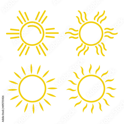 Sun, sun icons set of 4 in yellow color isolated on white background. Sun icon in flat design. Vector illustration for cartoon design. Vector.