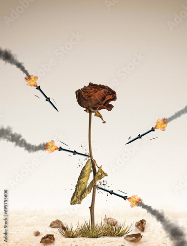 Missiles are aimed at the stem of the rose. Damages to nature. Abstract depiction of war. Genocide. War of mass destruction. War crimes. Guilty of humanity. Massacre. Photo manipulation.  (ID: 695755606)