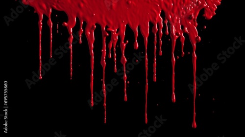 Red paint splash on black background. Blood splatter. Splash and drops of red liquid.