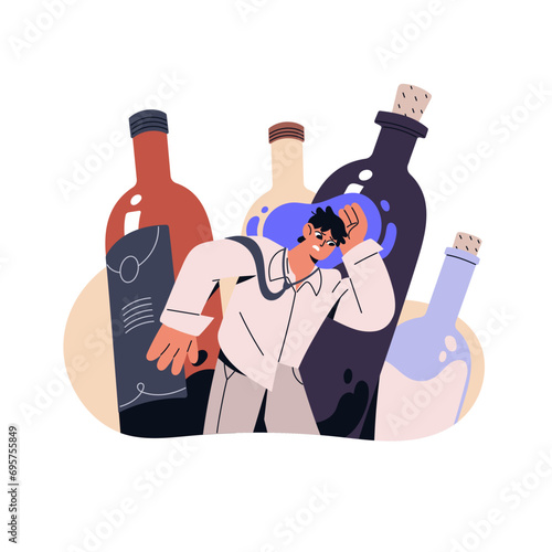 Alcoholism problems, addiction concept. Addicted drunk man suffers from hangover. Drinker is between wine bottles. Drunkard excessive abuse alcohol, spirits. Flat isolated vector illustration on white