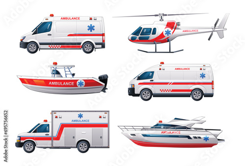 Set of ambulance emergency vehicles. Official emergency service vehicles side view vector illustration