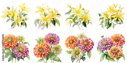 watercolor ylang-ylang flowers and zinnia flowers Artificial Intelligence Generative