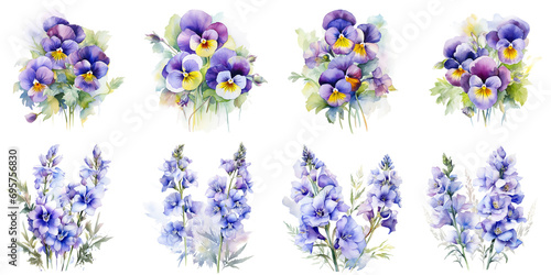 watercolor pansy flowers and delphinium flowers Artificial Intelligence Generative photo