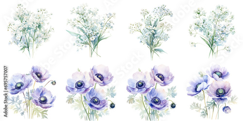 watercolor baby's breath flowers and anemone flowers Artificial Intelligence Generative photo