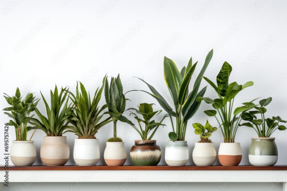 A row of potted plants displayed on a shelf. Perfect for adding greenery and a touch of nature to any indoor space