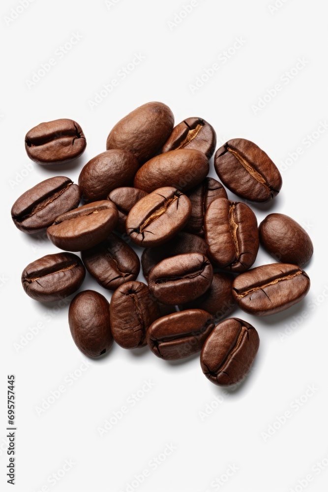 A pile of coffee beans on a white surface. Perfect for coffee lovers and cafes A pile of coffee beans on a white surface. Perfect for coffee lovers and cafes