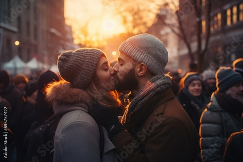 A romantic moment captured as a man and a woman share a passionate kiss in the midst of a bustling street. Perfect for illustrating love, affection, and urban life