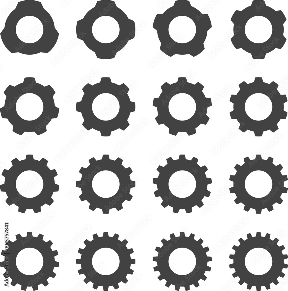 Gear setting vector icon set. Progress or construction concept. Isolated black gears mechanism and cog wheel. Cogwheel icons UI vector. Gear setting vector icon set. Progress or construction concept. Isolated black gears mechanism and cog wheel. Cogwheel icons UI vector.