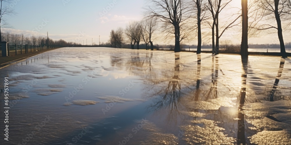 A puddle of water on a road with trees in the background. Perfect for illustrating rainy weather conditions or the concept of reflection A puddle of water on a road with trees in the background. Perfect for illustrating rainy weather conditions or the concept of reflection