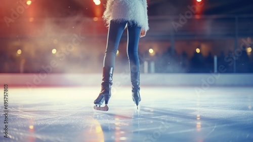 A woman gracefully glides across the ice rink. Perfect for winter sports or recreational activities