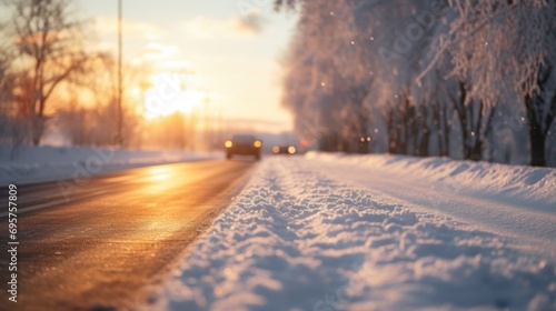 A car driving down a snow covered road. Perfect for winter travel and scenic road trip concepts
