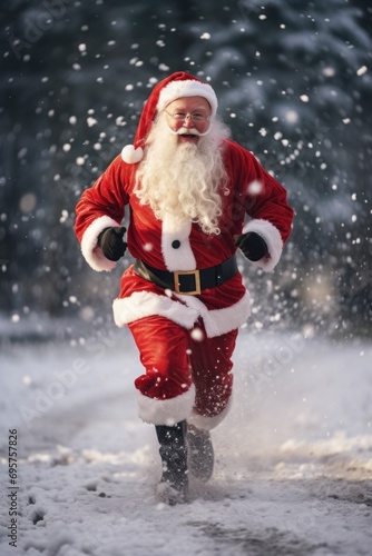 A man dressed as Santa Claus running in the snow. Perfect for holiday-themed designs and advertisements