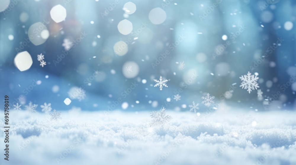 A picture of a snow-covered ground with falling snowflakes. Suitable for winter-themed designs and holiday projects