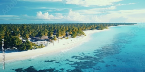 A stunning aerial perspective of a beautiful beach and resort. Perfect for travel brochures and websites