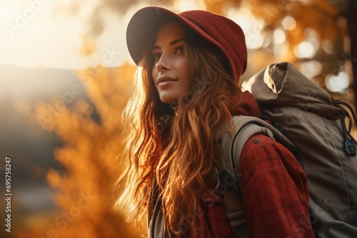 A woman wearing a red hat and carrying a backpack photo