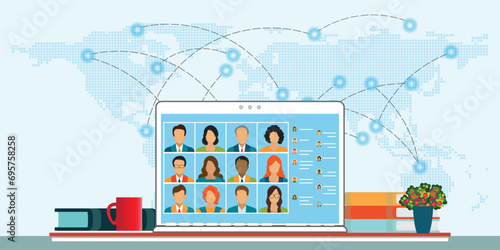 Business team conference video call on world map background.