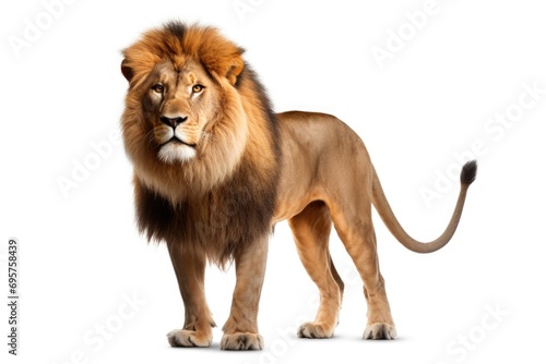 A lion standing proudly in front of a clean and simple white background. Suitable for various uses