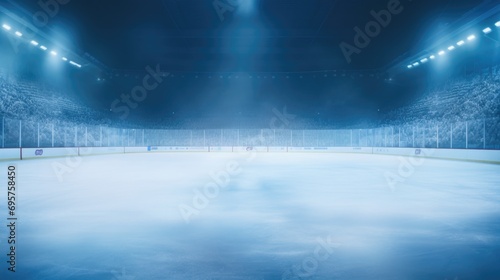 Ice hockey rink with dramatic lighting and fog. Can be used to depict intense sports action or create a mysterious atmosphere.